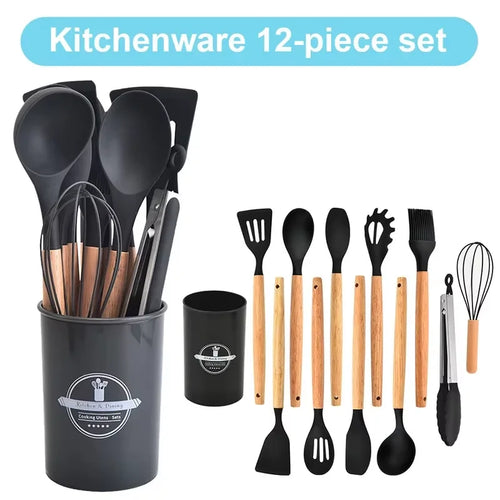 12Pcs Kitchen Utensil Set Silicone Spatula Set Wooden Handle Cooking Tools Kit with Holder Heat-Resistant Cookware for Kitchen